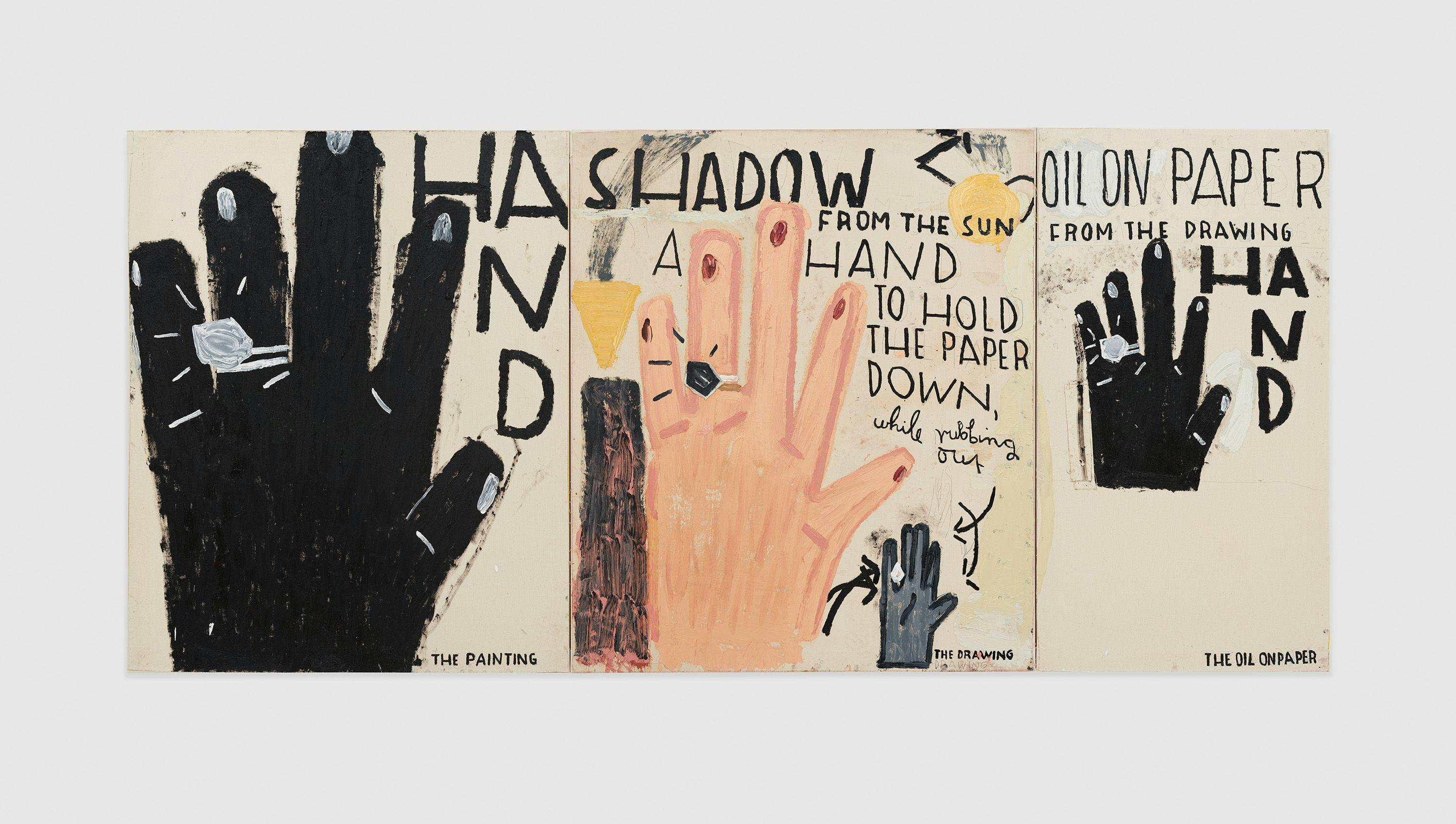 A painting by Rose Wylie, titled HAND, Drawing as Central, dated 2022.